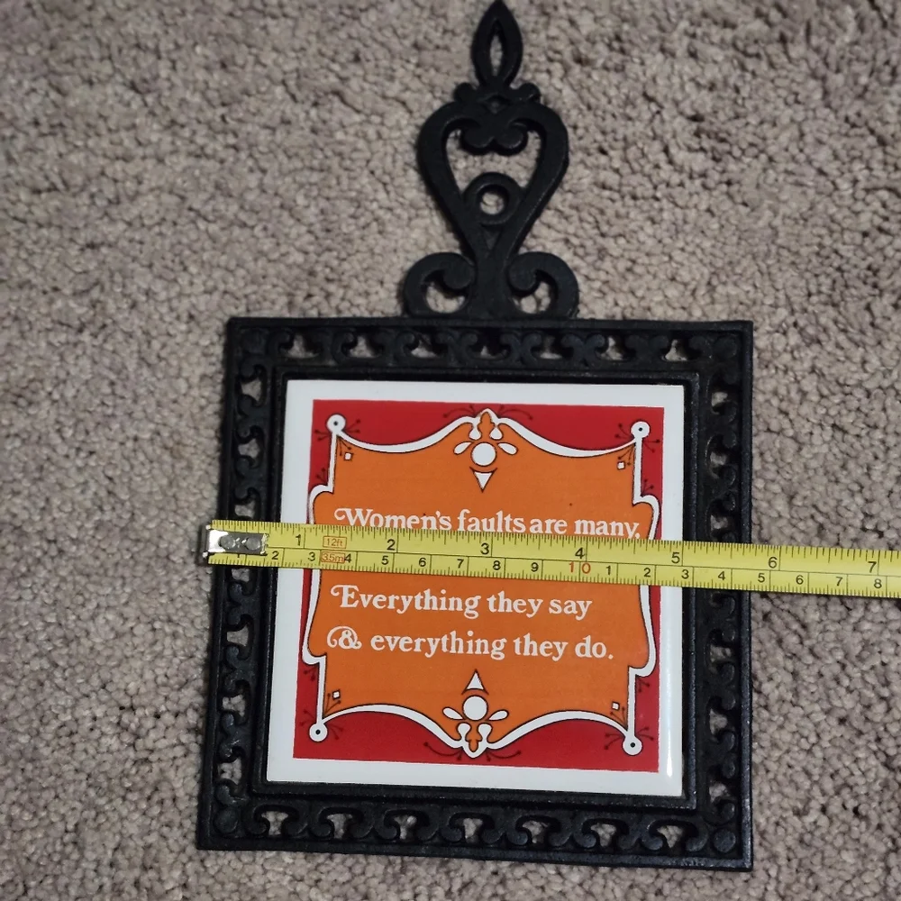 Vintage Cast Iron Trivet Or Hotpot with Orange Quote Tile